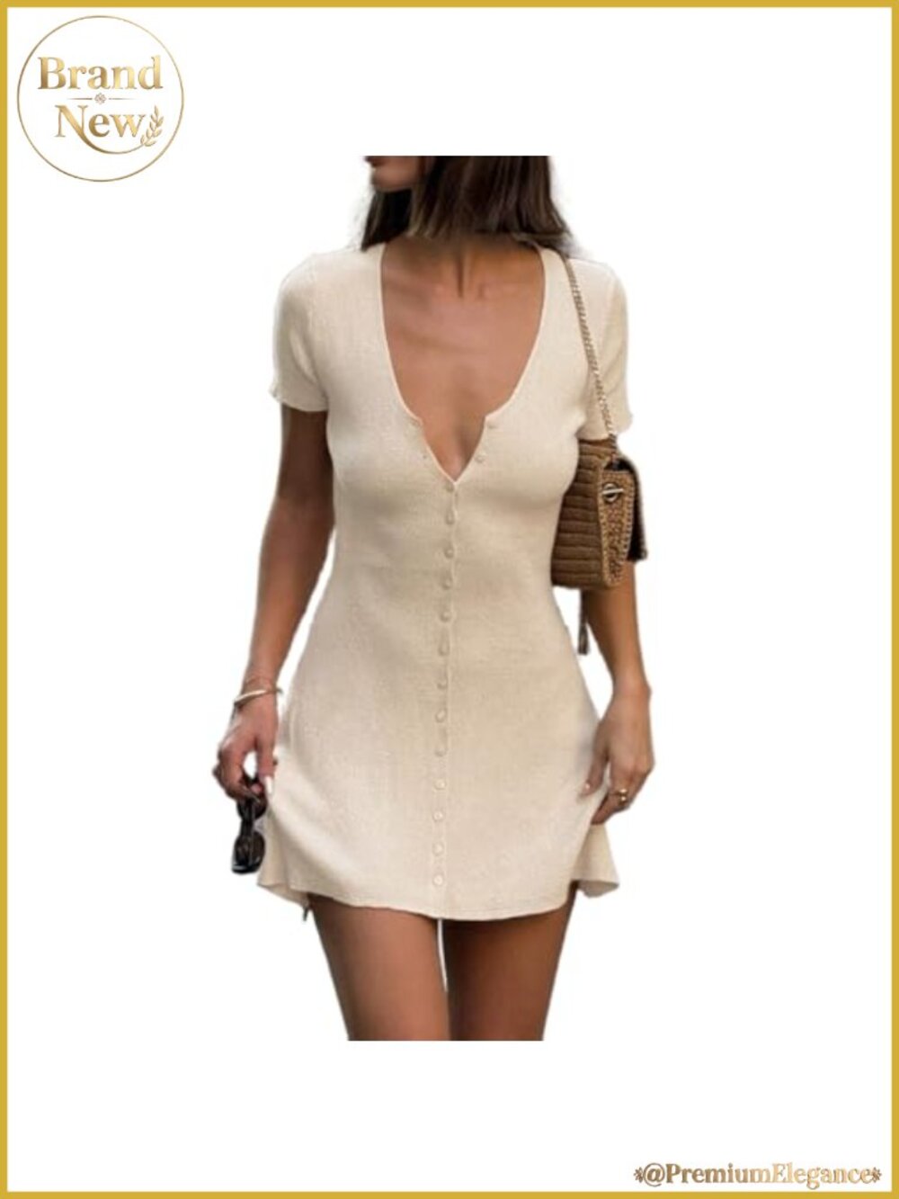 LOFAAC Women V Neck Button Down Knit Mini Dress Cap Sleeve Slim Fit